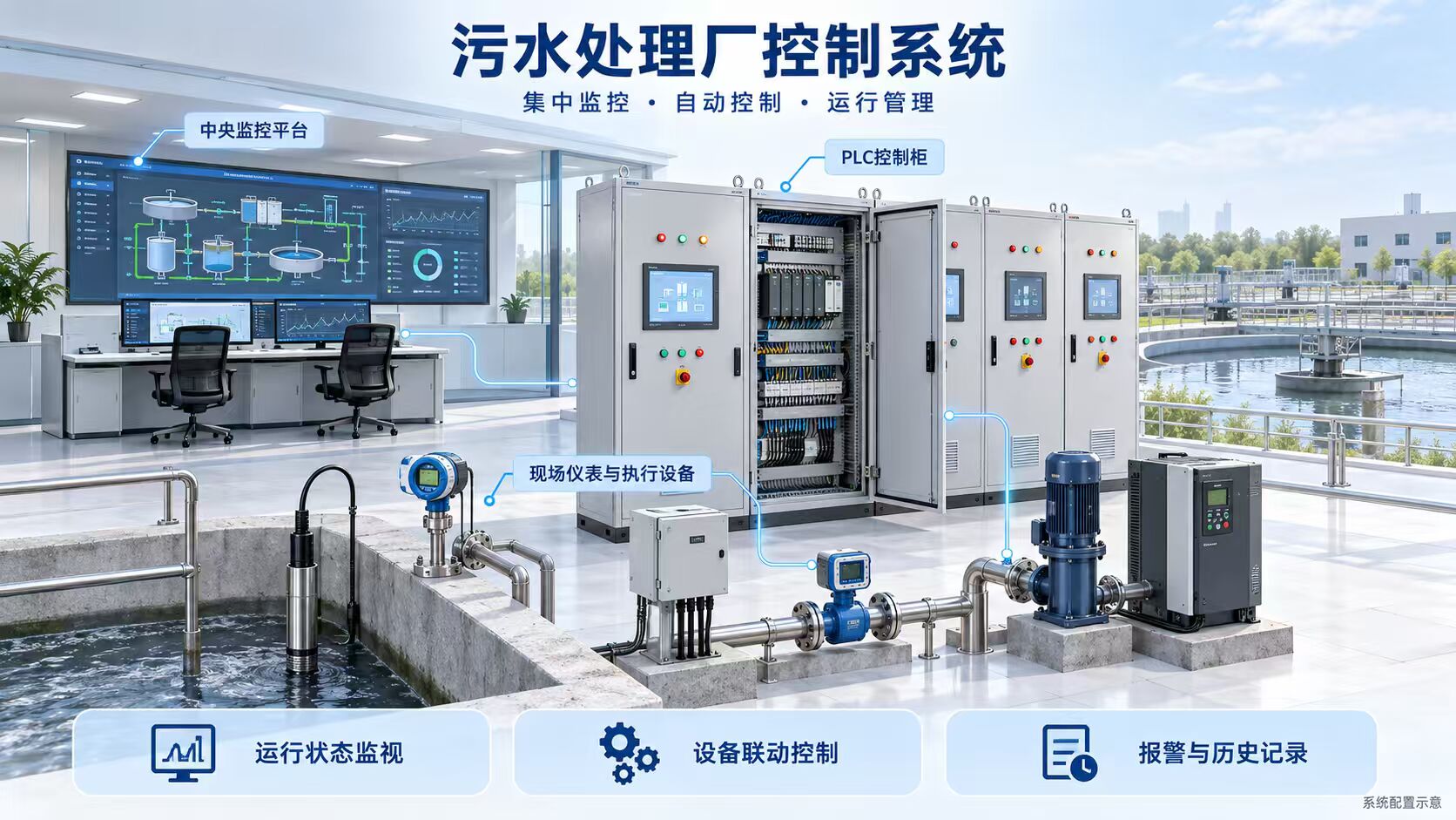 污水处理厂控制系统:中央监控平台 + PLC控制柜 + 现场仪表与执行设备